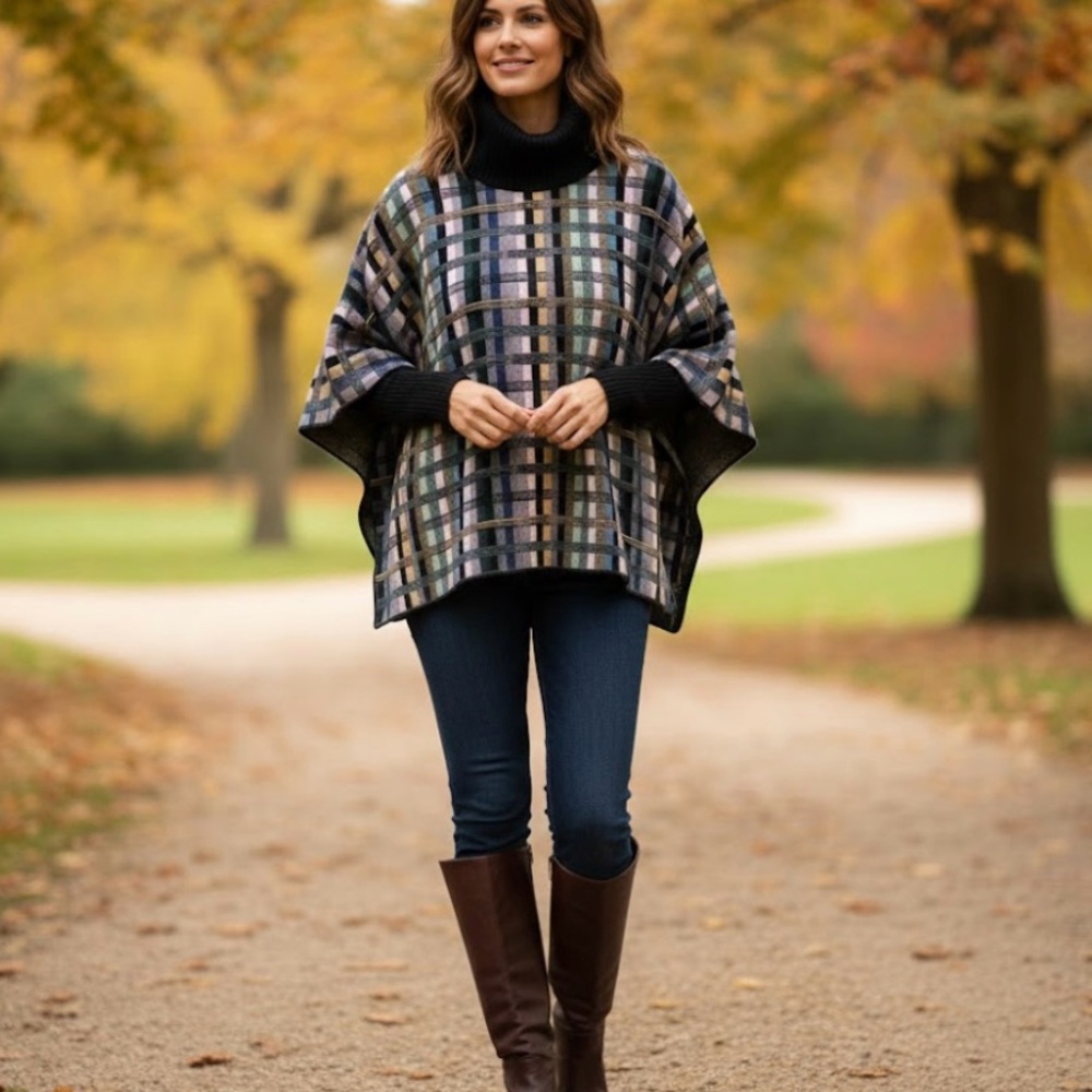 Anthropologie Aldo Martins Multicolor Checkered Turtleneck Poncho